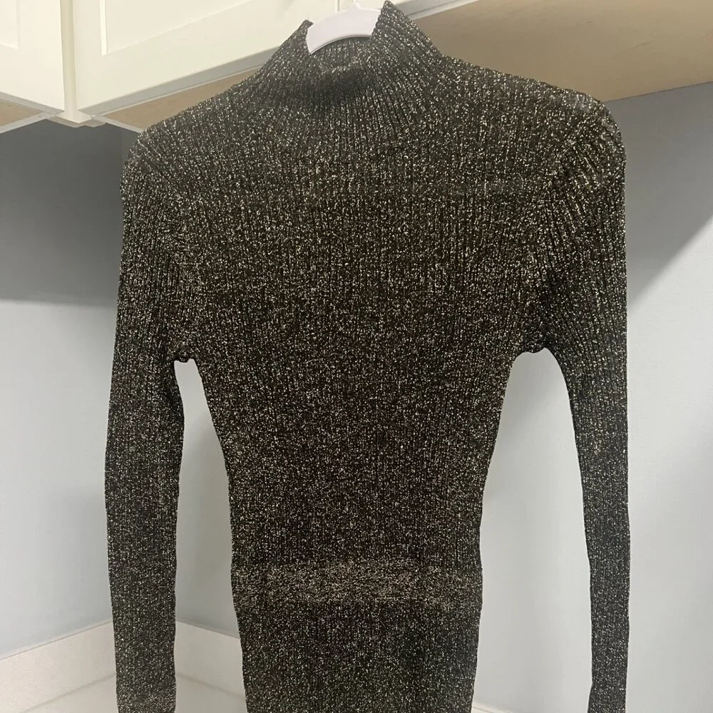 Veronica Beard Lilia Metallic Knitted Mock Turtleneck Flared Cuff Sweater Top S - Picture 2 of 2